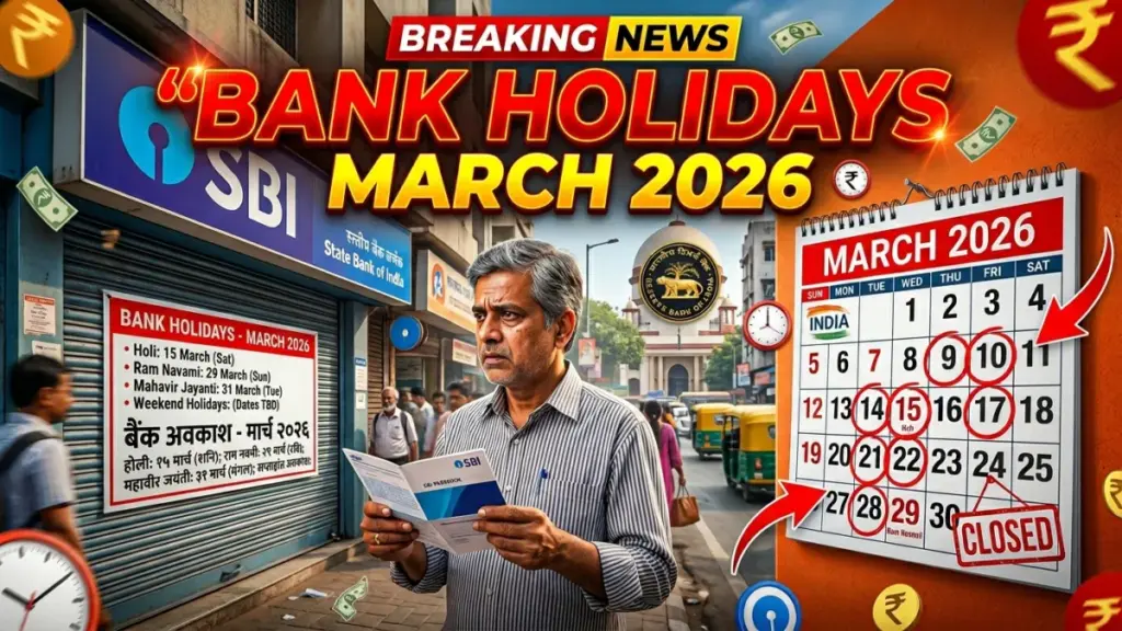 “16:9 YouTube breaking news style thumbnail about Bank Holidays March 2026 in India, Indian bank branch with shutter closed and ‘Holiday’ notice board, worried bank customer standing outside holding passbook, large calendar showing March 2026 with multiple dates circled in red, Reserve Bank of India building in background, bold glowing text ‘BANK HOLIDAYS MARCH 2026’, rupee symbols and banking icons floating, dramatic red and yellow breaking news graphics, arrows pointing to circled calendar dates, ultra realistic, vibrant colors, high contrast, cinematic lighting, 4K quality, viral YouTube thumbnail style, Google Discover friendly”