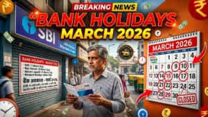 “16:9 YouTube breaking news style thumbnail about Bank Holidays March 2026 in India, Indian bank branch with shutter closed and ‘Holiday’ notice board, worried bank customer standing outside holding passbook, large calendar showing March 2026 with multiple dates circled in red, Reserve Bank of India building in background, bold glowing text ‘BANK HOLIDAYS MARCH 2026’, rupee symbols and banking icons floating, dramatic red and yellow breaking news graphics, arrows pointing to circled calendar dates, ultra realistic, vibrant colors, high contrast, cinematic lighting, 4K quality, viral YouTube thumbnail style, Google Discover friendly”