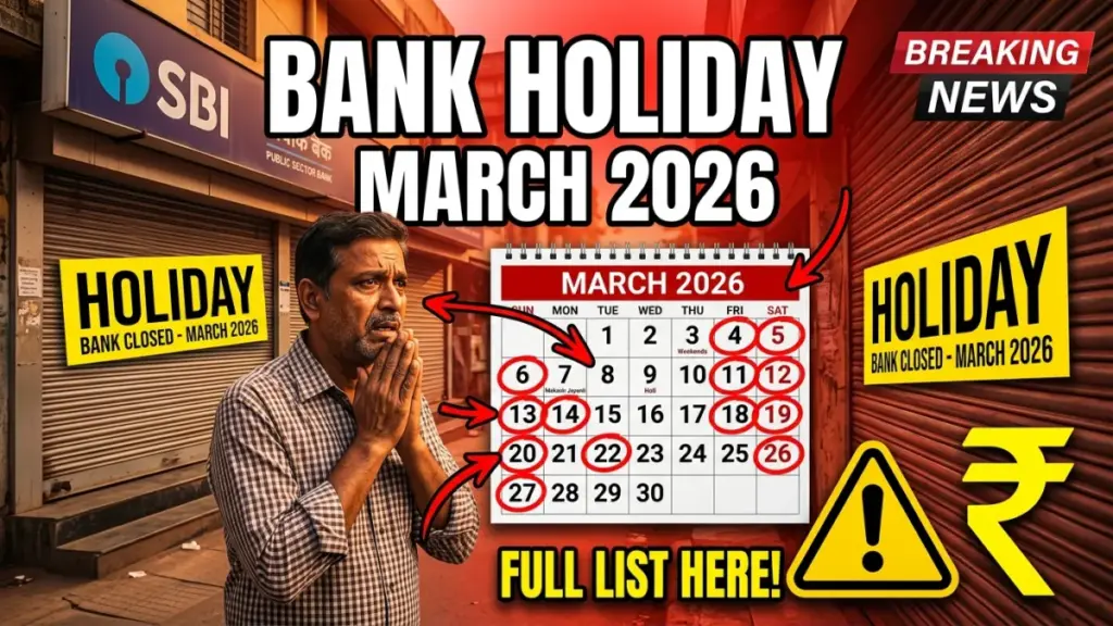 “16:9 YouTube news thumbnail about Bank Holidays March 2026 in India, worried Indian man standing in front of closed bank with shutter down and ‘Holiday’ sign, calendar page showing ‘March 2026’ with multiple dates circled in red, Indian bank building background, big bold text ‘BANK HOLIDAY’, rupee symbol and warning icon, breaking news graphics, red and yellow high contrast theme, arrows pointing to marked holiday dates, dramatic lighting, ultra realistic, vibrant colors, cinematic lighting, high detail, 4K quality, clickbait YouTube thumbnail style, Google Discover friendly” 📝 Thumbnail Text (High CTR) Short aur powerful: BANK HOLIDAY MARCH 2026 CHECK LIST ⚡ Pro Thumbnail Layout Left: worried person outside closed bank 😟 Center: calendar with red marked dates Right: bank shutter + holiday sign Top: Breaking News Bottom: March 2026 💡 Extra CTR Trick (News Thumbnails): Calendar dates ko r